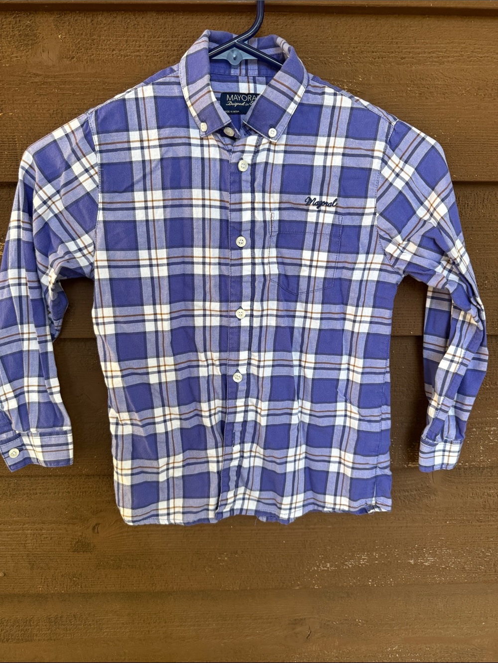 Mayoral Purple, White and Navy Plaid Button-Down Boys Shirt size 6